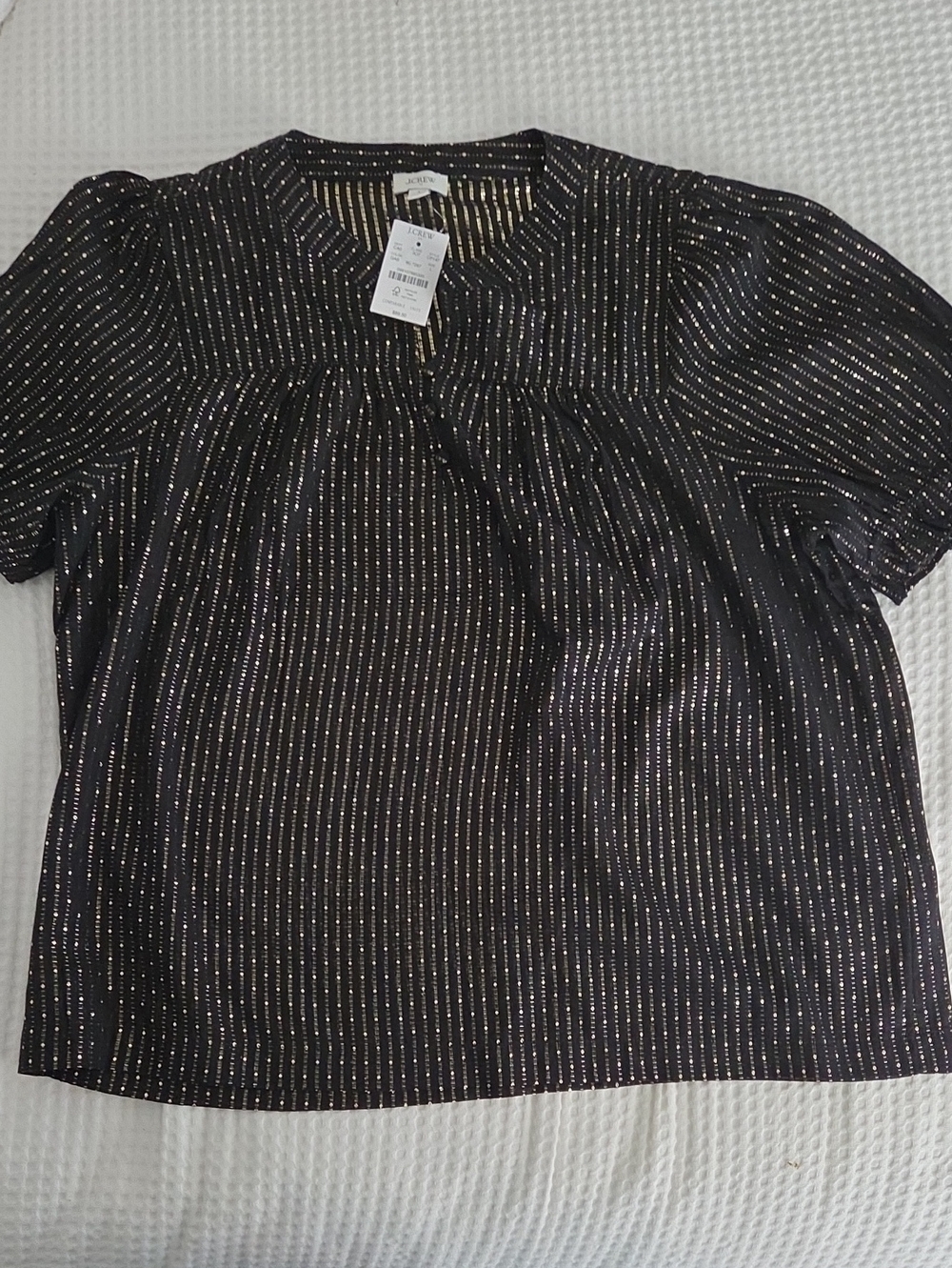 J. Crew Factory Black Blouse with Metallic Gold Pinstripes